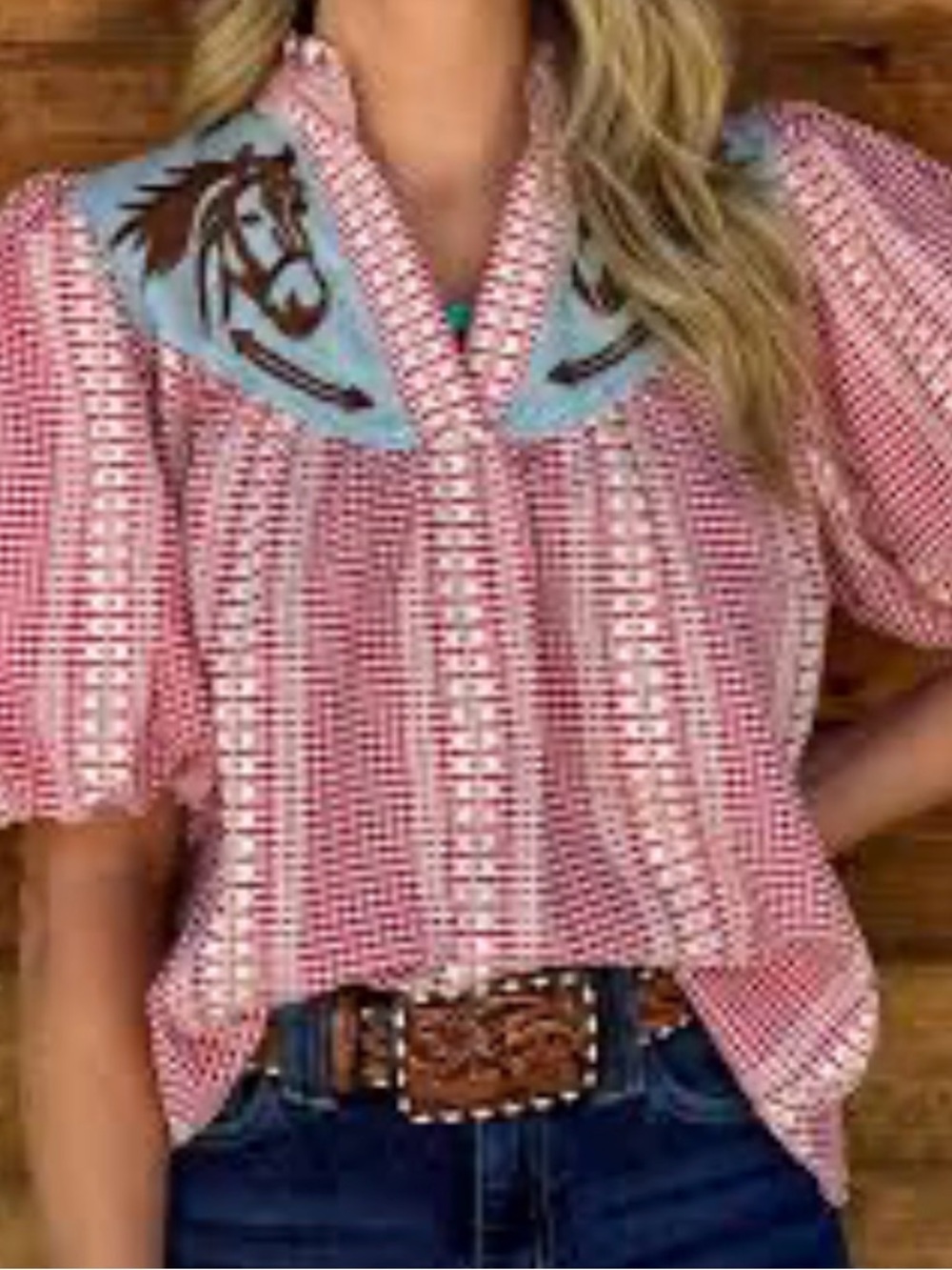 THML Pink Patterned Western Button-Down Top with Light Blue Embroidered Yoke